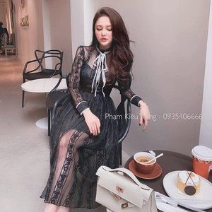 Lace bow tie midi black dress with lining size Small